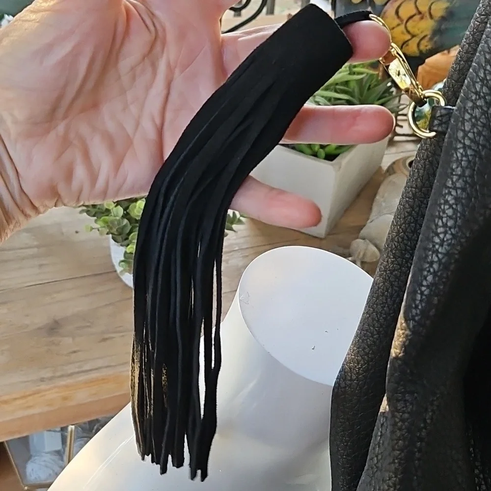 STEVE MADDEN Black Faux Leather Shoulder Large Hobo Shoulder Bag Tassel Charm - Picture 6 of 12